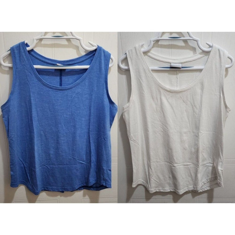 x2 Columbia Womens Basic Sleeveless Tank Tops Cotton Blend White/Blue Size Large